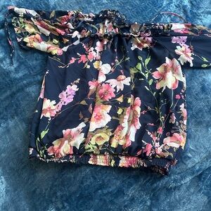 New York & Company Floral Off-Shoulder Blouse - Navy and Pink